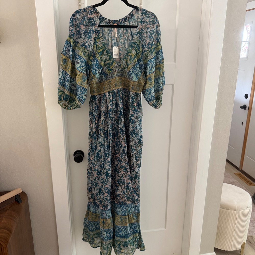 Free People Golden Hour Border Maxi Dress Teal Combo Floral Smocked XS Boho NWT